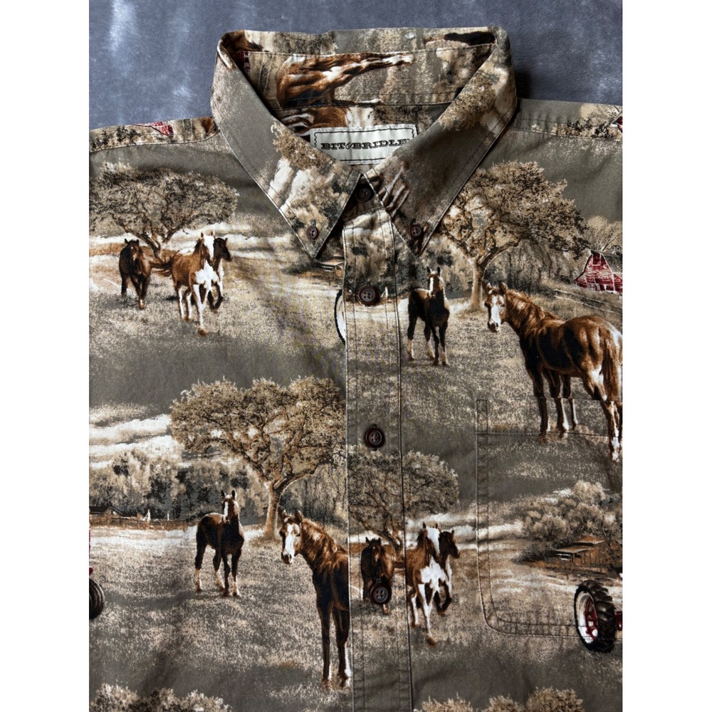 Bit & Bridle Mens 2X Cotton Button Down Shirt Horse Tractor Farm Scenic Print